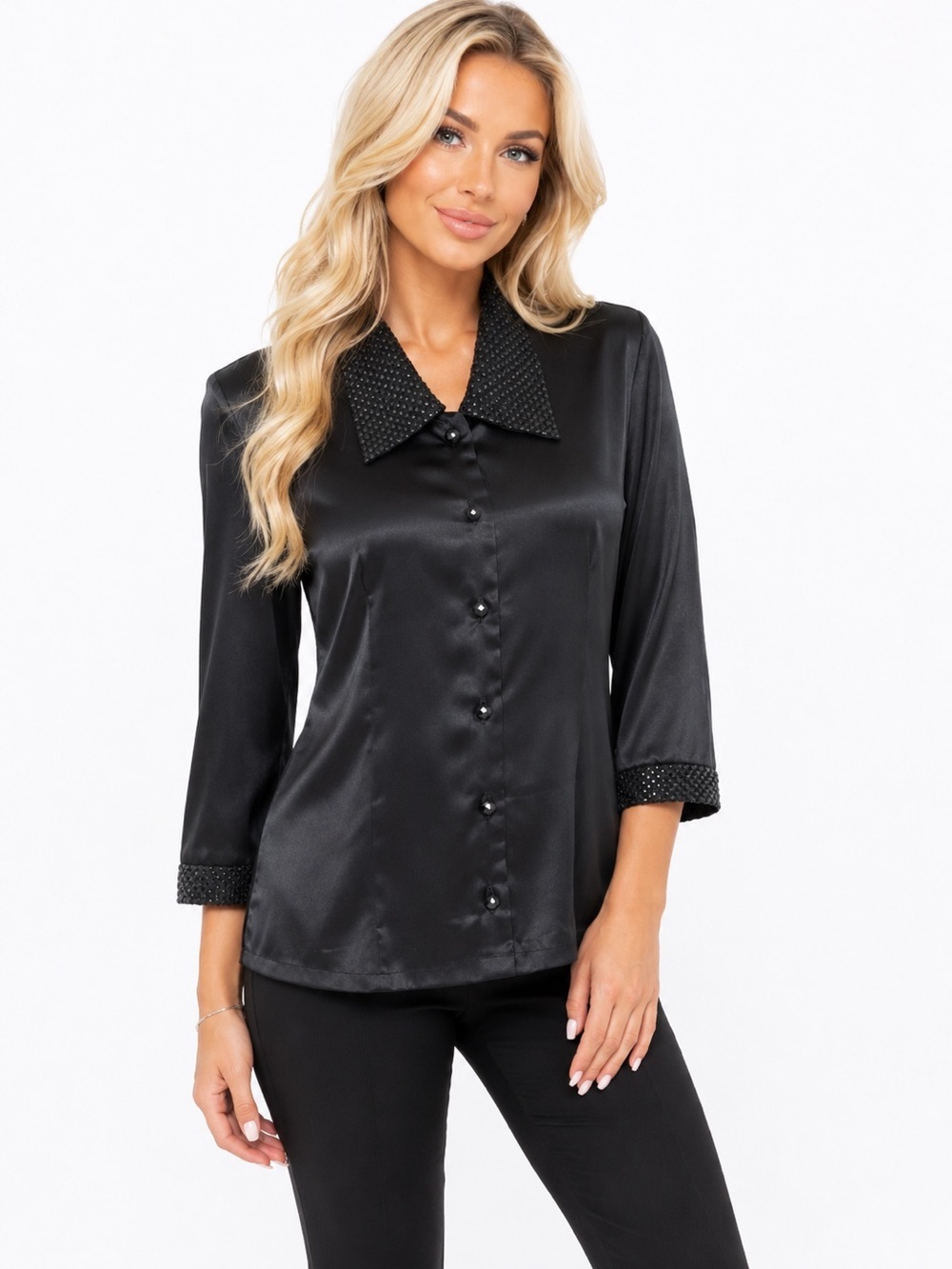 Lacy Afternoon Size Small Black Satin Blouse Sequin Collar Button Front Top